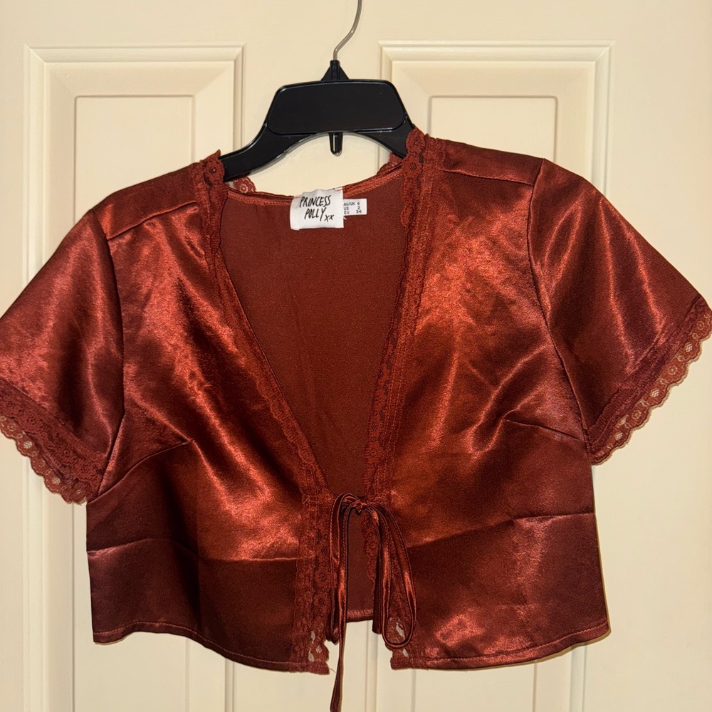 Rust Satin Tie-Front Top
